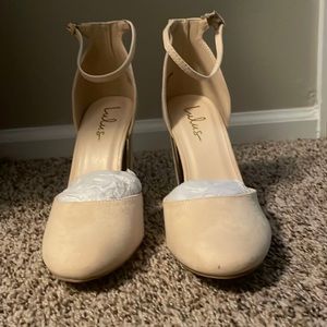 Lulu’s tan suede peep toe heels